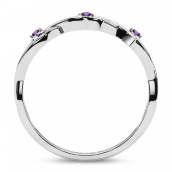 Round Amethyst Vine Leaf Ring Wedding Band 14K White Gold (0.03ct)