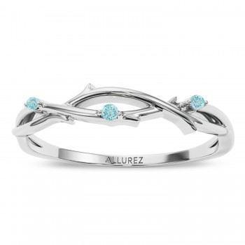 Round Aquamarine Vine Leaf Ring Wedding Band 14K White Gold (0.03ct)