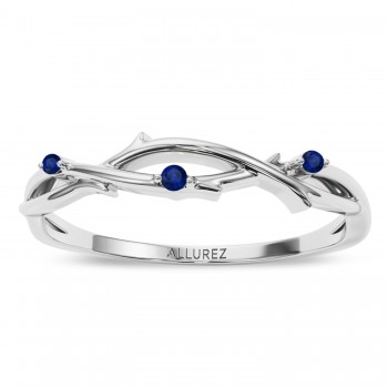 Round Blue Sapphire Vine Leaf Ring Wedding Band 14K White Gold (0.03ct)