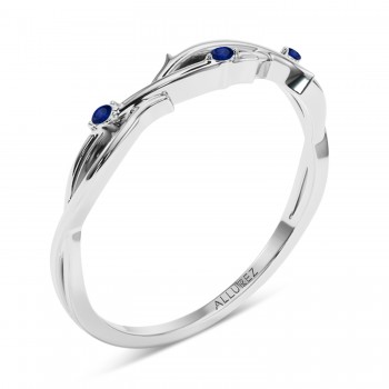 Round Blue Sapphire Vine Leaf Ring Wedding Band 14K White Gold (0.03ct)