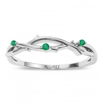 Round Emerald Vine Leaf Ring Wedding Band 14K White Gold (0.03ct)