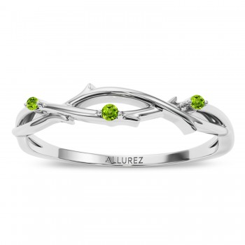 Round Peridot Vine Leaf Ring Wedding Band 14K White Gold (0.03ct)