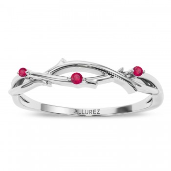 Round Ruby Vine Leaf Ring Wedding Band 14K White Gold (0.03ct)