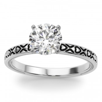 Vintage Style Heart Engraved Engagement Ring 14K White Gold