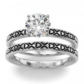 Vintage Style Heart  Engraved Bridal Set 14K White Gold