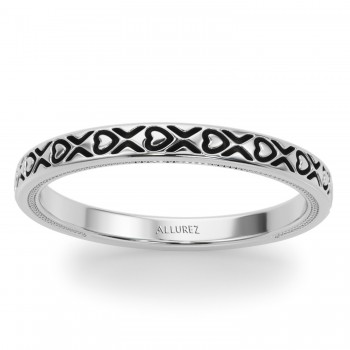 Vintage Style Heart Engraved Wedding Band Ring 14K White Gold
