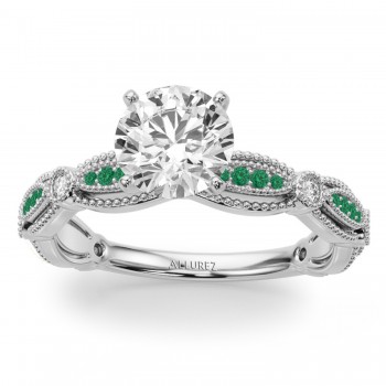 Antique Style Lab Emerald & Lab Grown Diamond Engagement Ring 14K White Gold (0.20ct)