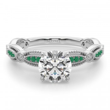 Antique Style Emerald & Diamond Engagement Ring 14K White Gold (0.20ct)
