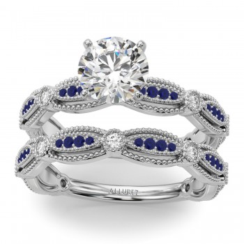 Antique Style Lab Blue Sapphire & Lab Grown Diamond Bridal Ring Set 14K White Gold (0.40ct)