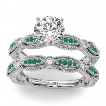 Antique Style Lab Emerald & Lab Grown Diamond Bridal Ring Set 14K White Gold (0.40ct)