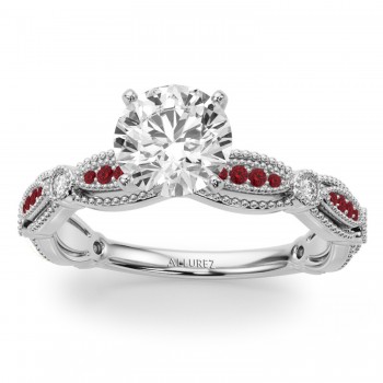 Antique Style Ruby & Diamond Bridal Ring Set 14K White Gold (0.40ct)