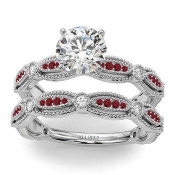 Antique Style Lab Ruby & Lab Grown Diamond Bridal Ring Set in Palladium (0.40ct)