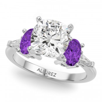 Cushion Cut Lab Grown Diamond & Oval Amethyst Engagement Ring 14K White Gold (3.98ct)