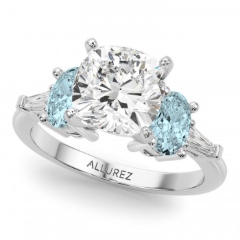 Cushion Cut Lab Grown Diamond & Oval Aquamarine Engagement Ring 14K White Gold (3.98ct)