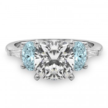 Cushion Cut Lab Grown Diamond & Oval Aquamarine Engagement Ring 14K White Gold (3.98ct)