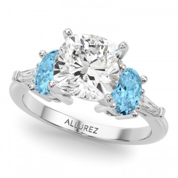 Cushion Cut Lab Grown Diamond & Oval Blue Topaz Engagement Ring 14K White Gold (4.18ct)