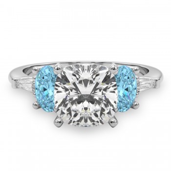 Cushion Cut Lab Grown Diamond & Oval Blue Topaz Engagement Ring 14K White Gold (4.18ct)
