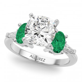 Cushion Cut Lab Grown Diamond & Oval Emerald Engagement Ring 14K White Gold (3.98ct)