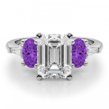 Emerald Cut Lab Grown Diamond & Oval Amethyst Engagement Ring 14K White Gold (3.98ct)