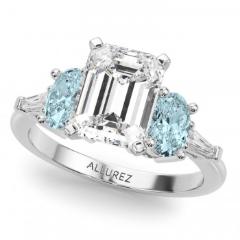 Emerald Cut Lab Grown Diamond & Oval Aquamarine Engagement Ring 14K White Gold (3.98ct)