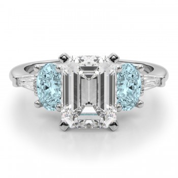 Emerald Cut Lab Grown Diamond & Oval Aquamarine Engagement Ring 14K White Gold (3.98ct)