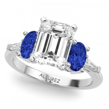 Emerald Cut Lab Grown Diamond & Oval Blue Sapphire Engagement Ring 14K White Gold (4.32ct)