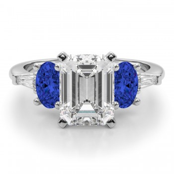 Emerald Cut Lab Grown Diamond & Oval Blue Sapphire Engagement Ring 14K White Gold (4.32ct)