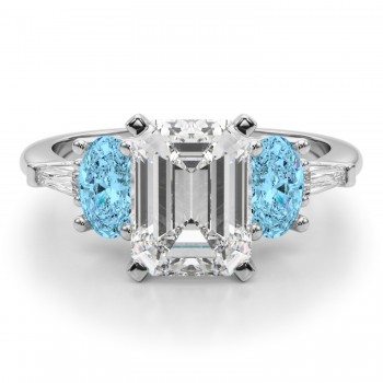Emerald Cut Lab Grown Diamond & Oval Blue Topaz Engagement Ring 14K White Gold (4.18ct)