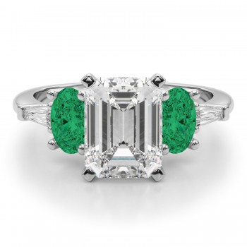 Emerald Cut Lab Grown Diamond & Oval Emerald Engagement Ring 14K White Gold (3.98ct)