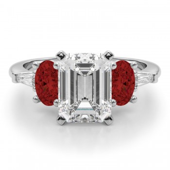Emerald Cut Lab Grown Diamond & Oval Garnet Engagement Ring 14K White Gold (4.18ct)