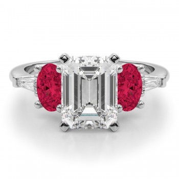 Emerald Cut Lab Grown Diamond & Oval Ruby Engagement Ring 14K White Gold (4.24ct)