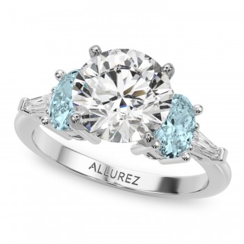 Round Lab Grown Diamond & Oval Aquamarine Engagement Ring 14K White Gold (3.98ct)