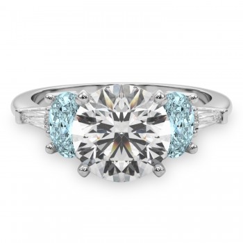 Round Lab Grown Diamond & Oval Aquamarine Engagement Ring 14K White Gold (3.98ct)