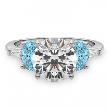 Round Lab Grown Diamond & Oval Blue Topaz Engagement Ring 14K White Gold (4.18ct)