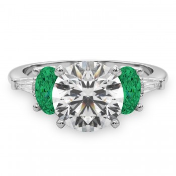 Round Lab Grown Diamond & Oval Emerald Engagement Ring 14K White Gold (3.98ct)
