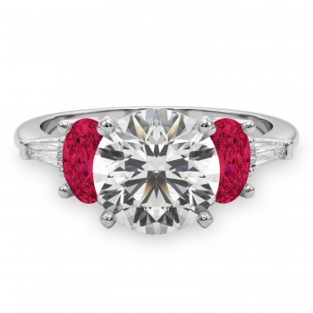 Round Lab Grown Diamond & Oval Ruby Engagement Ring 14K White Gold (4.24ct)
