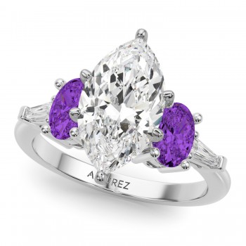 Marquise Lab Grown Diamond & Oval Amethyst Engagement Ring 14K White Gold (3.98ct)