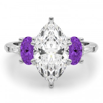 Marquise Lab Grown Diamond & Oval Amethyst Engagement Ring 14K White Gold (3.98ct)