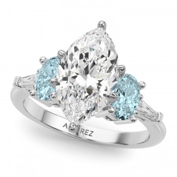 Marquise Lab Grown Diamond & Oval Aquamarine Engagement Ring 14K White Gold (3.98ct)