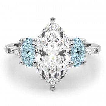 Marquise Lab Grown Diamond & Oval Aquamarine Engagement Ring 14K White Gold (3.98ct)