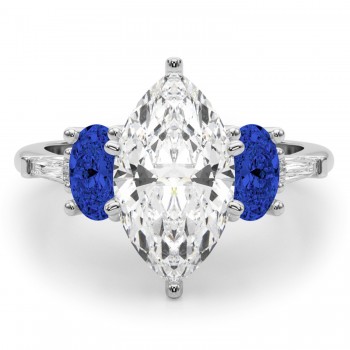 Marquise Lab Grown Diamond & Oval Blue Sapphire Engagement Ring 14K White Gold (4.32ct)