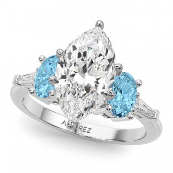 Marquise Lab Grown Diamond & Oval Blue Topaz Engagement Ring 14K White Gold (4.18ct)
