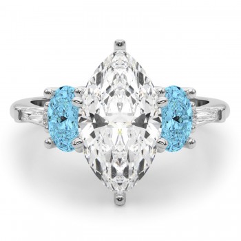 Marquise Lab Grown Diamond & Oval Blue Topaz Engagement Ring 14K White Gold (4.18ct)