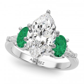 Marquise Lab Grown Diamond & Oval Emerald Engagement Ring 14K White Gold (3.98ct)
