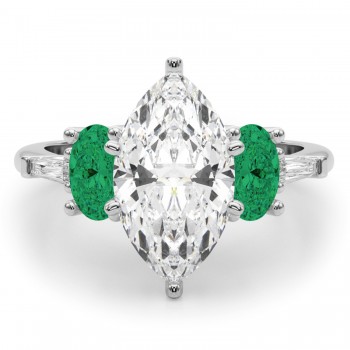 Marquise Lab Grown Diamond & Oval Emerald Engagement Ring 14K White Gold (3.98ct)