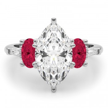 Marquise Lab Grown Diamond & Oval Ruby Engagement Ring 14K White Gold (4.24ct)
