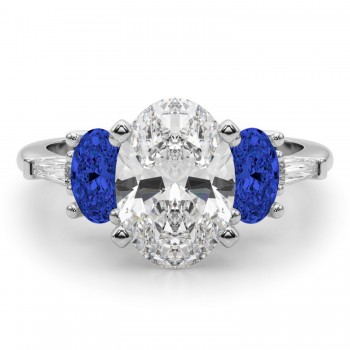 Oval Lab Grown Diamond & Blue Sapphire Engagement Ring 14K White Gold (4.32ct)