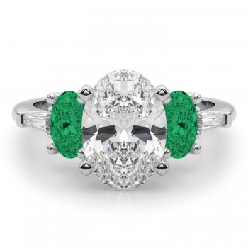 Oval Lab Grown Diamond & Emerald Engagement Ring 14K White Gold (3.98ct)