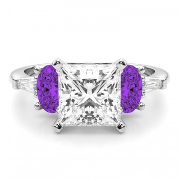 Princess Cut Lab Grown Diamond & Oval Amethyst Engagement Ring 14K White Gold (3.98ct)