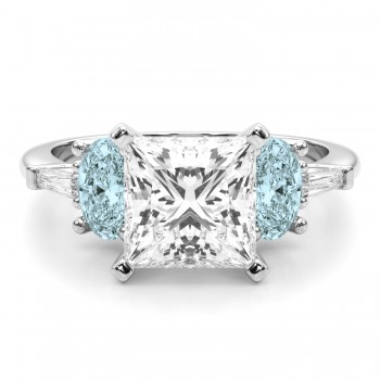 Princess Cut Lab Grown Diamond & Oval Aquamarine Engagement Ring 14K White Gold (3.98ct)